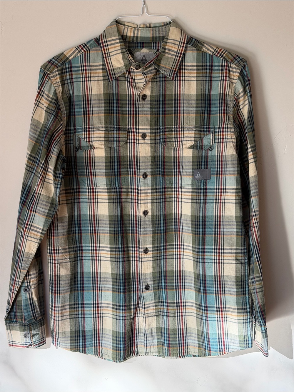 Ascend Men's Plaid Button-Down Shirt - Cream, Teal & Olive